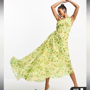 Mango premium asymmetric floral midi dress with cut out detail in yellow green
